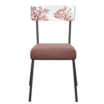 Chaise d’écolier Adulte Suzie bicolore imprimé toile de jouy & Velours Bois de Rose Pieds bruts