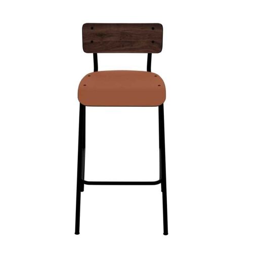 NEW - Chaise de bar Suzie 65cm – Bicolore Dossier Stratifié Bois Foncé & Assise Paprika - Pieds Noirs