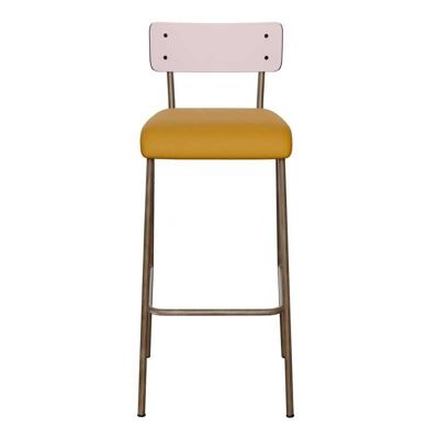 NEW - Chaise de Bar Suzie 75cm – Bicolore Dossier Rose Poudré & Assise en Simili Cuir Champagne - Pieds Bruts