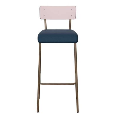 NEW - Chaise de Bar Suzie 75cm – Bicolore Dossier Rose Poudré & Assise en Simili Cuir Bleu Minéral - Pieds Bruts