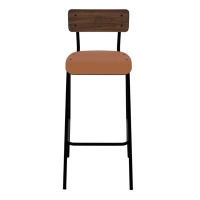 NEW - Chaise de bar Suzie 75cm – Bicolore Dossier Stratifié Bois Foncé & Assise Paprika - Pieds Noirs
