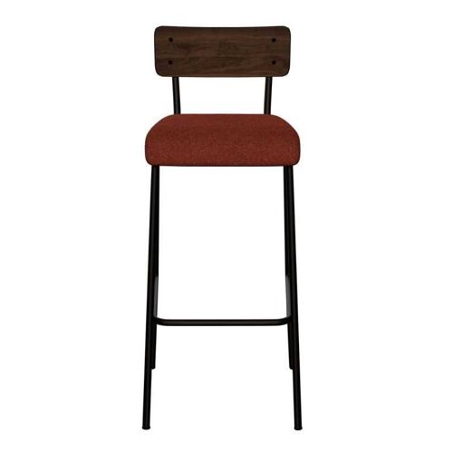 NEW - Chaise de Bar Suzie 75cm – Bicolore Dossier Stratifié Bois foncé & Assise en Feutrine Bordeaux - Pieds Noirs