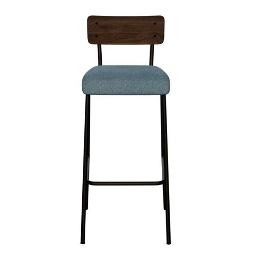 NEW - Chaise de Bar Suzie 75cm – Bicolore Dossier Stratifié Bois Foncé & Assise en Feutrine Bleu Minéral - Pieds Noirs