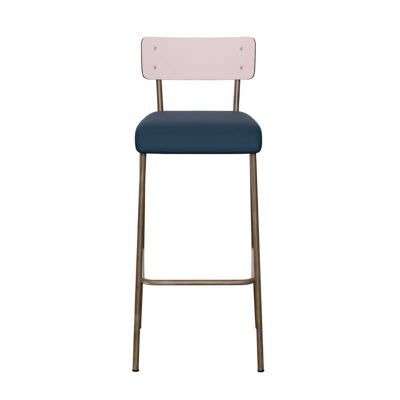NEW - Chaise de Bar Suzie 65cm – Bicolore Dossier Rose Poudré & Assise en Simili Cuir Bleu Minéral - Pieds Bruts