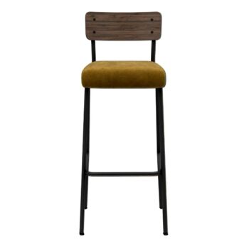 NEW - Chaise de Bar Suzie 65cm – Bicolore Dossier Stratifié Bois Foncé & Assise en Velours Jaune Ocre - Pieds Noirs