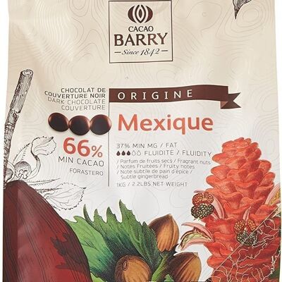 CACAO BARRY -  Chocolat de couverture noir  - 66% Min Cacao - origine Mexique -  Pistoles - 1 kg.