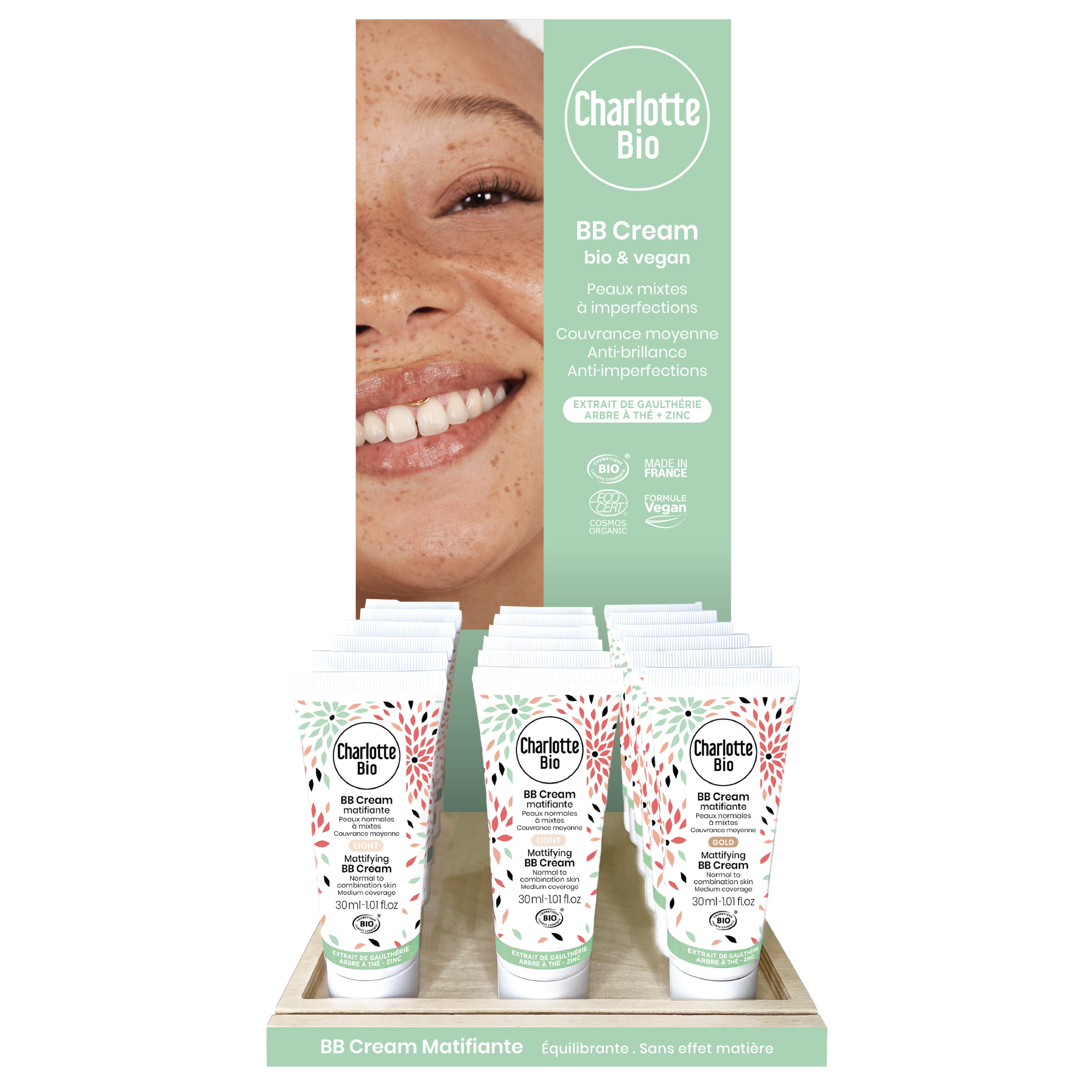 Display of 18 natural and organic BB creams