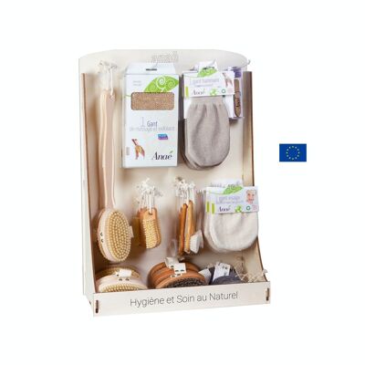 Wooden display stand filled with Anae's "Essential Body Care Accessories"