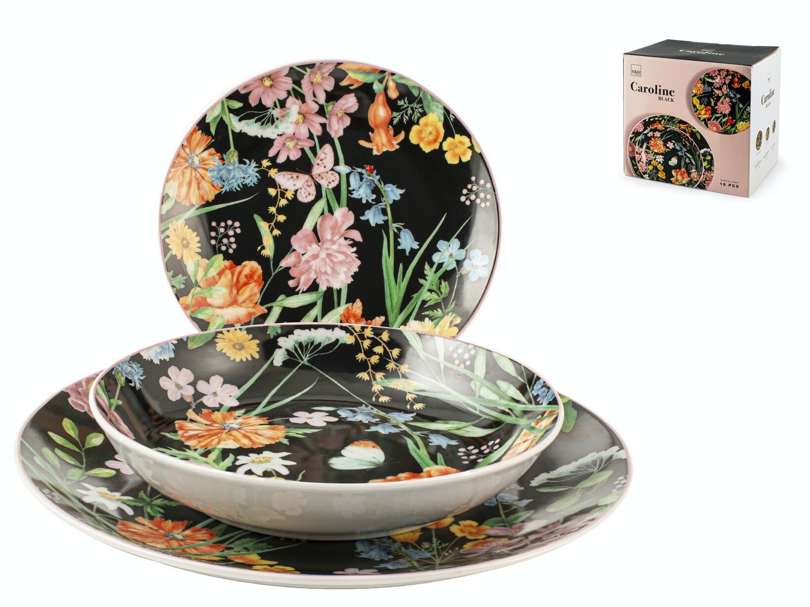 Caroline 18-piece table service in black porcelain.