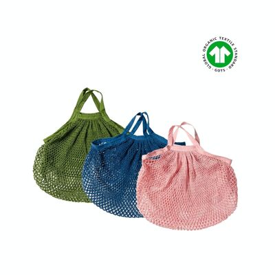 Assortiment sac filet à provisions _coloris bleu jean, vert cactus et rose nude