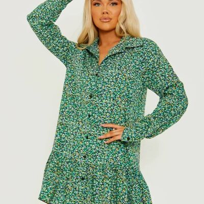 Ditsy Floral Frill Hem Buttoned Shirt Dress