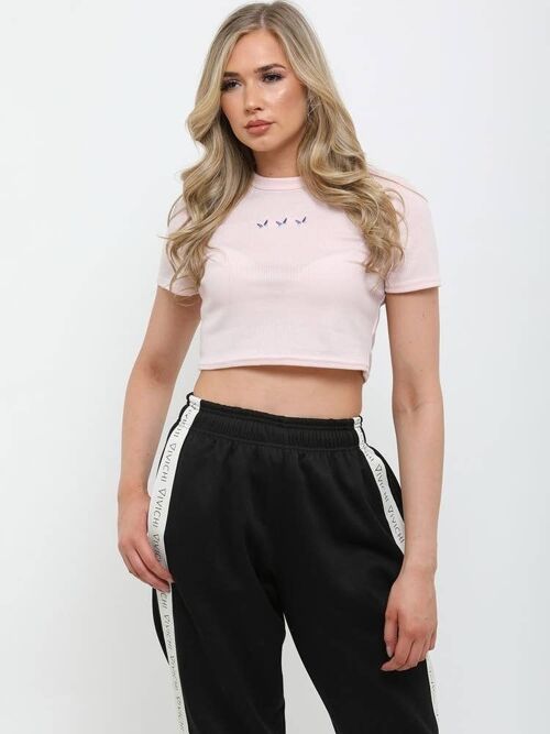 Embroidered Butterfly Rib Crop Top