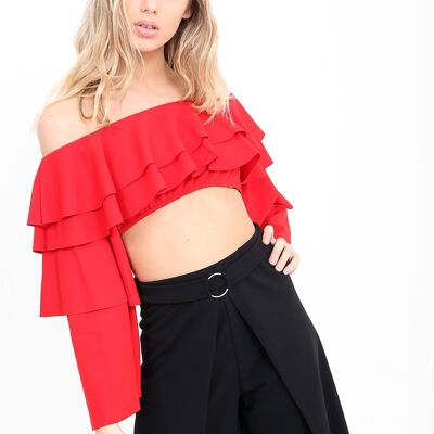 Extrem geschichtetes Bardot-Crop-Top mit Rüschen