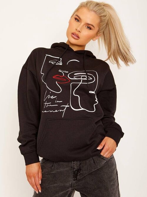 Face Graphic Hoodie with Embroidered Lip