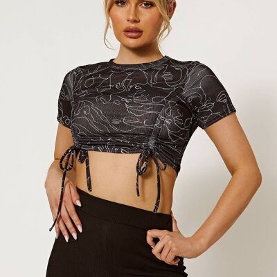 Face Print Ribbed Ruched Crop Top