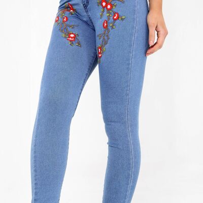 Jeans pantalone in denim con ricamo floreale