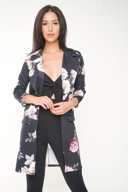 Floral Print Long Line Duster Blazer