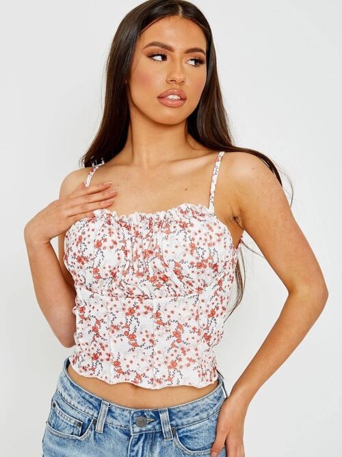 Floral Print Seam Detail Lettuce Frill Cami Top