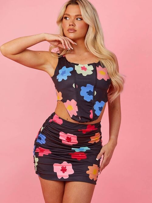 Floral Slinky Crop Top & Ruched Skirt co ord