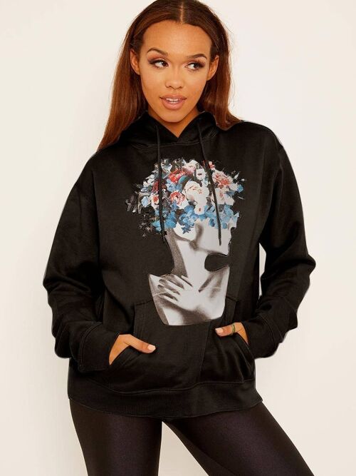 Flower Face Graphic Fleeced Hoodie