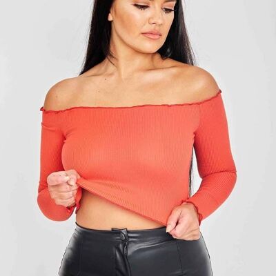 Frill Detail Ribbed Bardot Crop Top