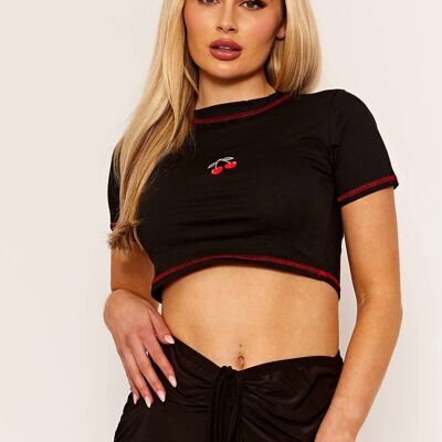 Stitch Detail Embroidered Cherry Crop Top