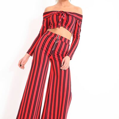 Striped Bardot Crop Top and Split Trouser Set
