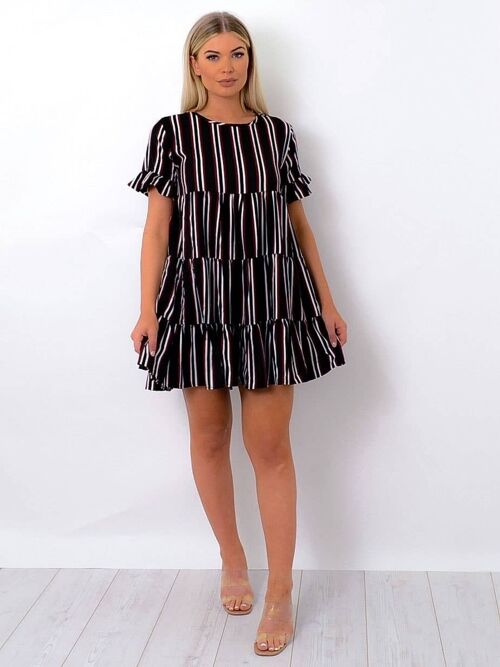 Striped Frill Tiered Smock Dress