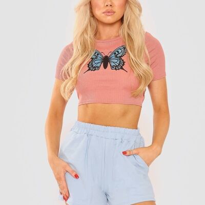 Tie Back Butterfly Print Rib Crop Top