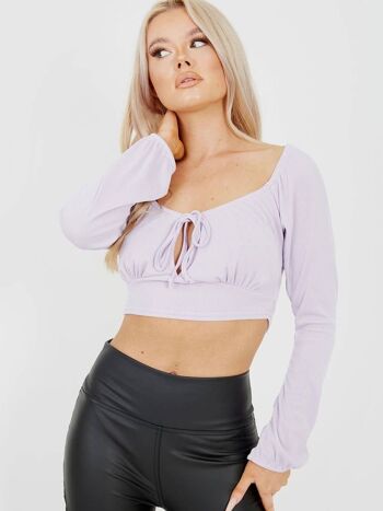 Crop top côtelé avec trou de serrure et nœud sur le devant 4