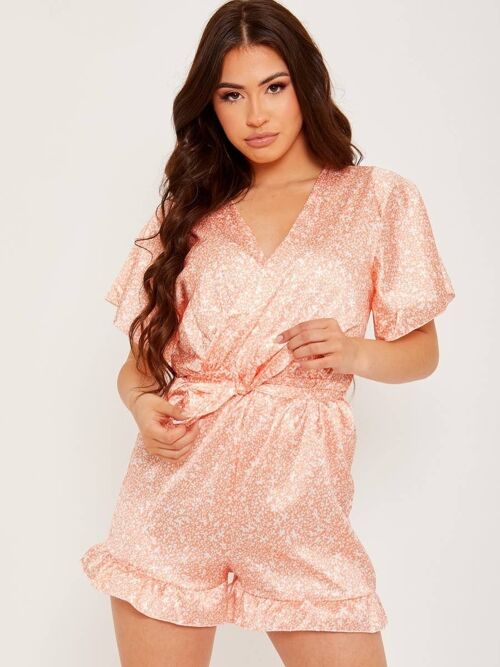 Wrap Front Belted Satin Printed Playsuit