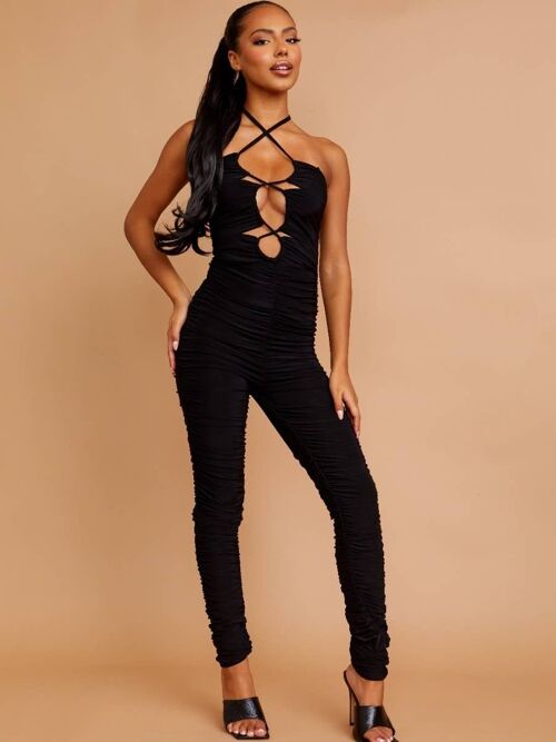Halter Cut Out Front Slinky Ruched Jumpsuit