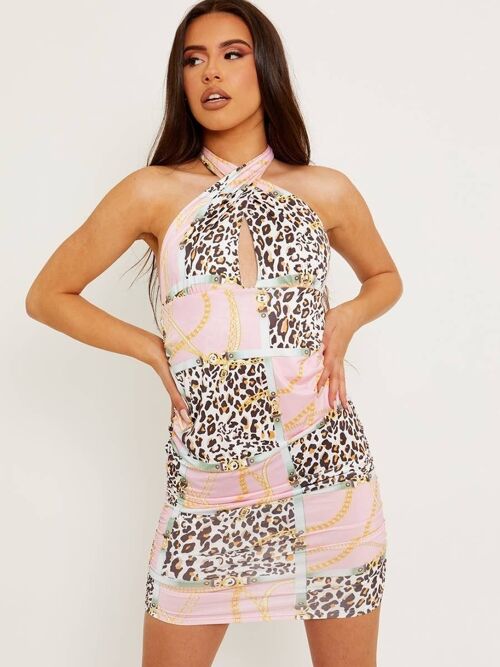 Leopard Chain Print Slinky Halter Ruched Dress