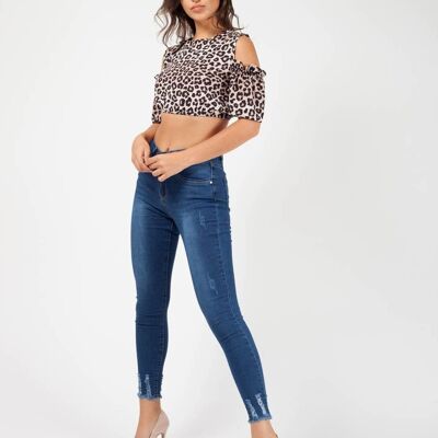 Top corto con spalle scoperte con stampa leopardata