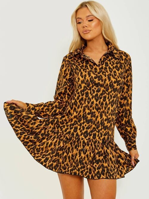 Leopard Print Frill Hem Buttoned Shirt Dress