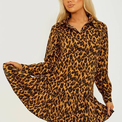 Leopard Print Frill Hem Buttoned Shirt Dress