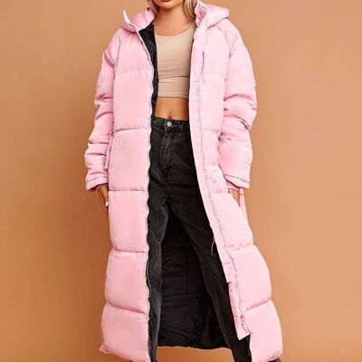 Longline Quilted Hooded Coat with Button Detail