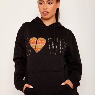 LOVE Chevron Heart Graphic Fleeced Hoodie