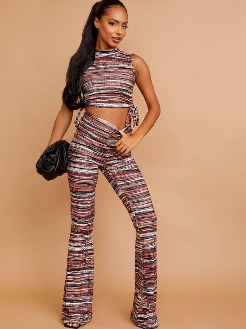 Multi Coloured Ruched Crop Top & Flared Trouser co ord