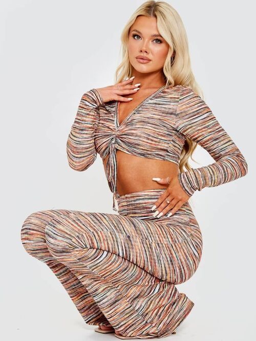 Multi Coloured Ruched Crop Top & Trouser co ord