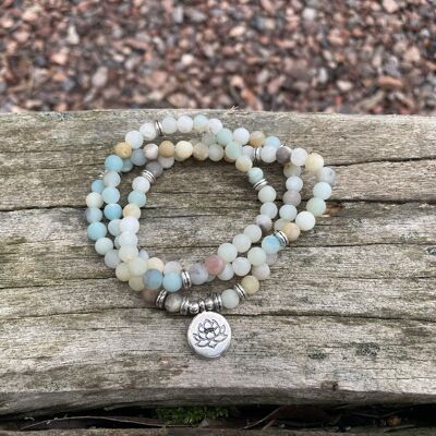 Mala bracelet with 108 Amazonite beads and Lotus symbol medallion, Made in France