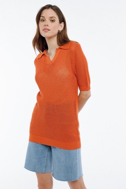 PARI - T-shirt col chemise en mesh ORANGE