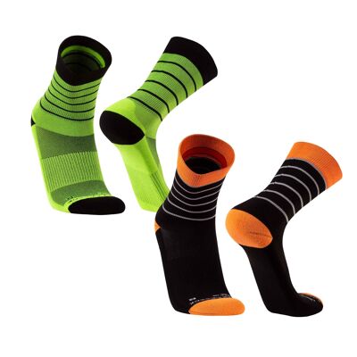 Activa I Gepolsterte Laufsocken lang, schweißableitende Running Socks für Damen und Herren, atmungsaktive Sportsocken mit Anti-Blasen Schutz, leichte Kompression, 2 Paar -Schwarz/Orange/Grün