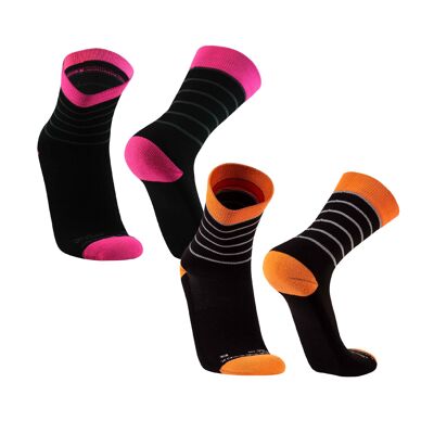 Activa I Gepolsterte Laufsocken lang, schweißableitende Running Socks für Damen und Herren, atmungsaktive Sportsocken mit Anti-Blasen Schutz, leichte Kompression, 2 Paar -schwarz/ orange/ fuchsia
