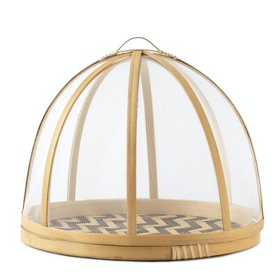 Natural bamboo food cover with decorated tray and a fine cotton net as cover 24x18h cm.