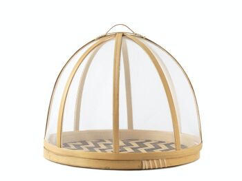 Couvercle alimentaire en bambou naturel avec plateau décoré et un fin filet de coton comme couverture 24x18h cm. 1