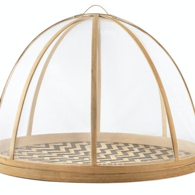 Natural bamboo food cover with decorated tray and a fine cotton net as cover 35x30h cm.