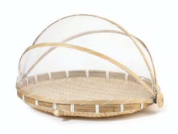 Couvercle alimentaire en bambou naturel avec plateau décoré et un fin filet de coton en guise de couvercle de 33 cm. 1