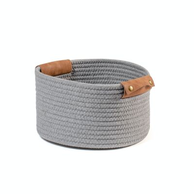 Gray cotton basket with round eco-leather handles 22x12h cm.