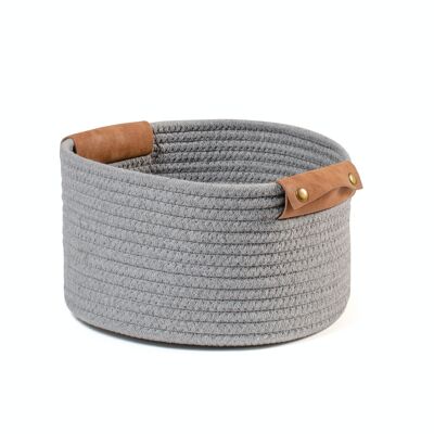 Gray cotton basket with round eco-leather handles 26x15h cm.